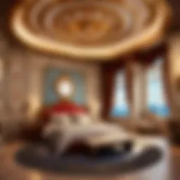 Luxurious bedroom featuring a ceiling mirror above a beautifully made bed