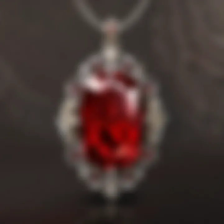 Close-up of a crimson red crystal pendant reflecting light