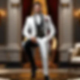 Elegant white tuxedo jacket with black pants on mannequin