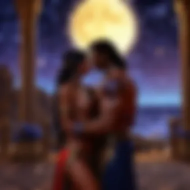 Illustration of a passionate embrace under the starlit sky in a foreign city