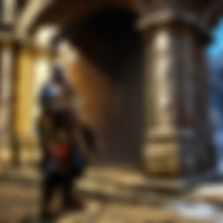 A character engaging with a quest giver at a notable landmark, highlighting interaction dynamics.