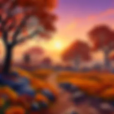 An enchanting evening scene portraying the sunset over an autumn-themed environment.