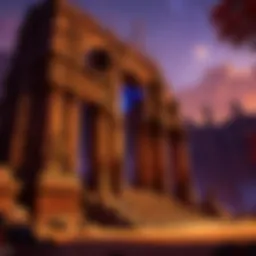 A majestic view of the Temple of the Moon at twilight, illuminated by mystical lights.
