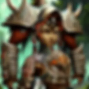 A close-up of intricate character designs, highlighting unique armor and weaponry in Wild Classic.