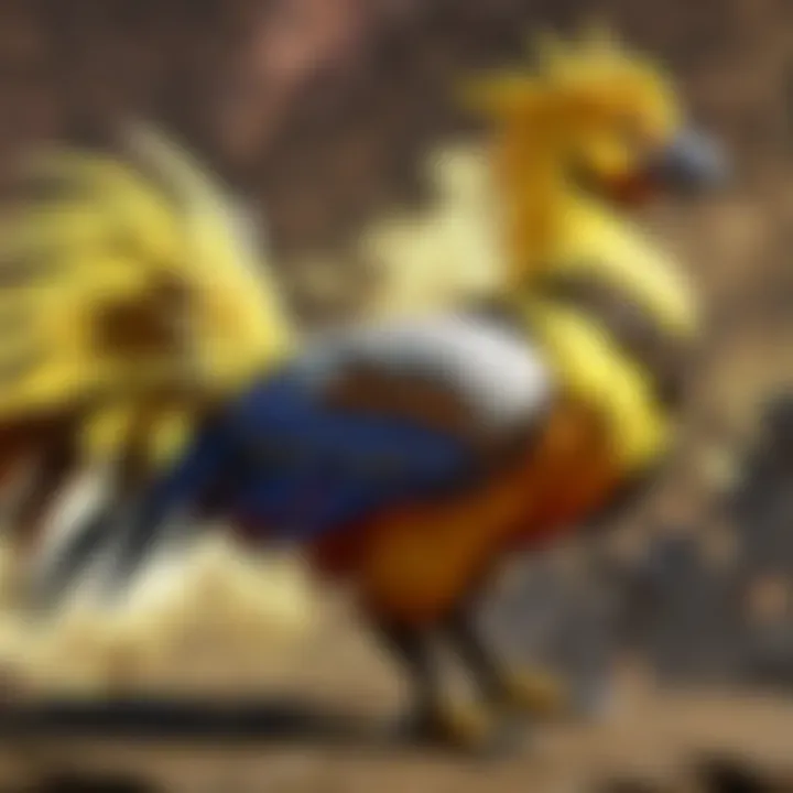 An elegant chocobo adorned with exotic gear, standing proudly amidst a scenic landscape.