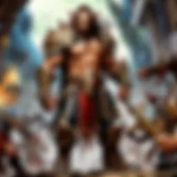 A vibrant scene depicting diverse guild members engaged in an adventure
