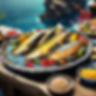 A beautifully presented Fish Feast on a table in a raid setting