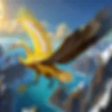 Majestic golden crane flying over lush landscapes