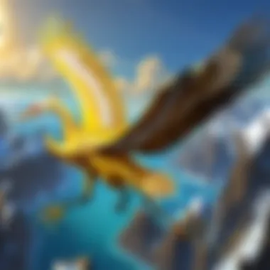 Aerial Majesty: The Golden Crane in Flight Majestic golden crane flying over lush landscapes