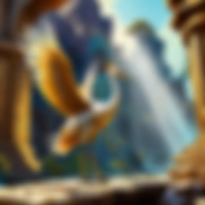 Artistic depiction of the golden crane amidst mystical ruins