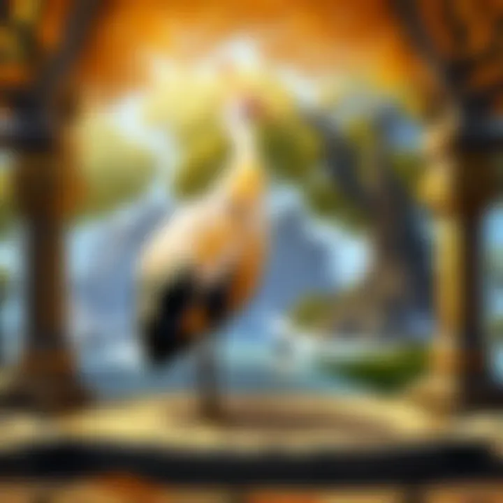 Detailed illustration of the golden crane perched on a ancient tree