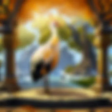 Perched Elegance: The Golden Crane's Tranquil Roost Detailed illustration of the golden crane perched on a ancient tree