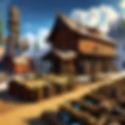 A vibrant lumber mill in the World of Warcraft landscape, showcasing intricate wooden structures.