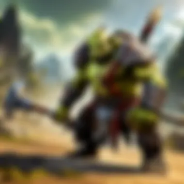 Orc Warrior's Intense Training with the Stick A fierce orc warrior training vigorously with a sturdy training stick in a rugged battleground