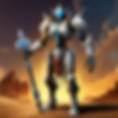 Robotic Avatar and the Advanced Training Stick Integration A futuristic robotic character incorporating a high-tech training stick in a virtual gaming world