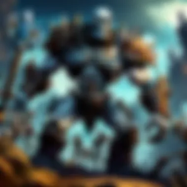 An illustration depicting a group of players strategizing against a skeletal giant, showcasing teamwork and tactics.