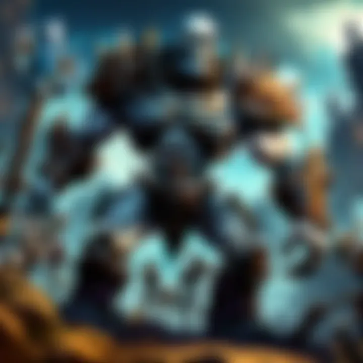 An illustration depicting a group of players strategizing against a skeletal giant, showcasing teamwork and tactics.