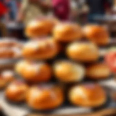 A vibrant market scene featuring fresh redbean buns among other delicacies