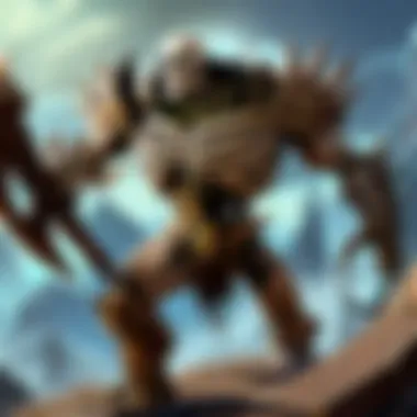 Detailed concept art of a skeletal giant in battle, highlighting its formidable weaponry and battle stance.