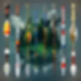 Colorful fishing bobbers in various shapes and sizes