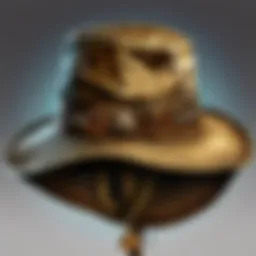 A vintage fishing hat displayed on a rustic wooden table.