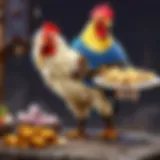 The charming chicken vendor in a bustling town square within World of Warcraft.