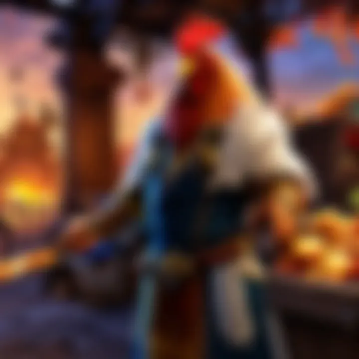 Characters interacting with the chicken vendor, emphasizing player engagement.