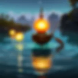 A glowing fishing bobber illuminating a tranquil lake in WoW.