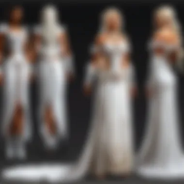 A collage of white wedding dresses showcasing diverse designs and silhouettes.