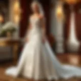 A vintage white wedding dress displayed elegantly on a mannequin.