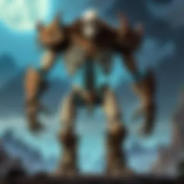 A colossal skeletal giant towering over the landscape, showcasing its intricate bone structure and menacing presence.