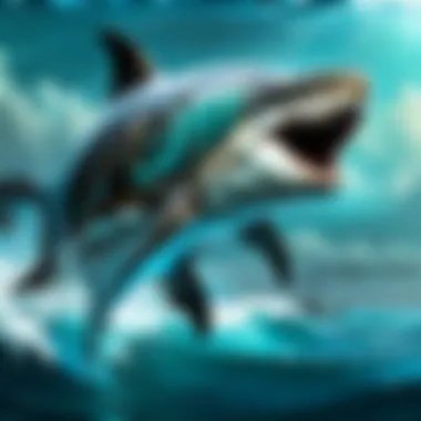 The mysterious dynamics of ocean encounters Underwater view of dolphins and shark interaction