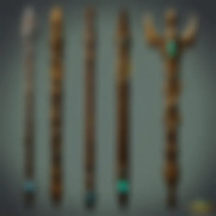 Various types of druid staves displayed together