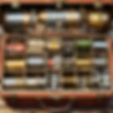 Display of Vintage Reels and Hooks in Tackle Box Vintage Reels and Hooks in Motherlode Tackle Box