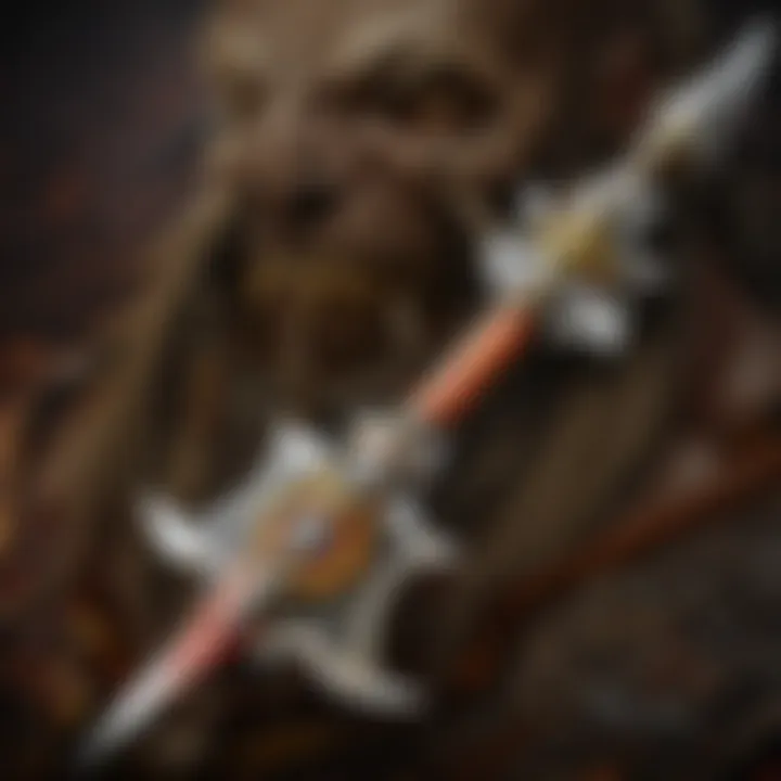 A detailed close-up of a warrior's weapon, showcasing intricate designs.